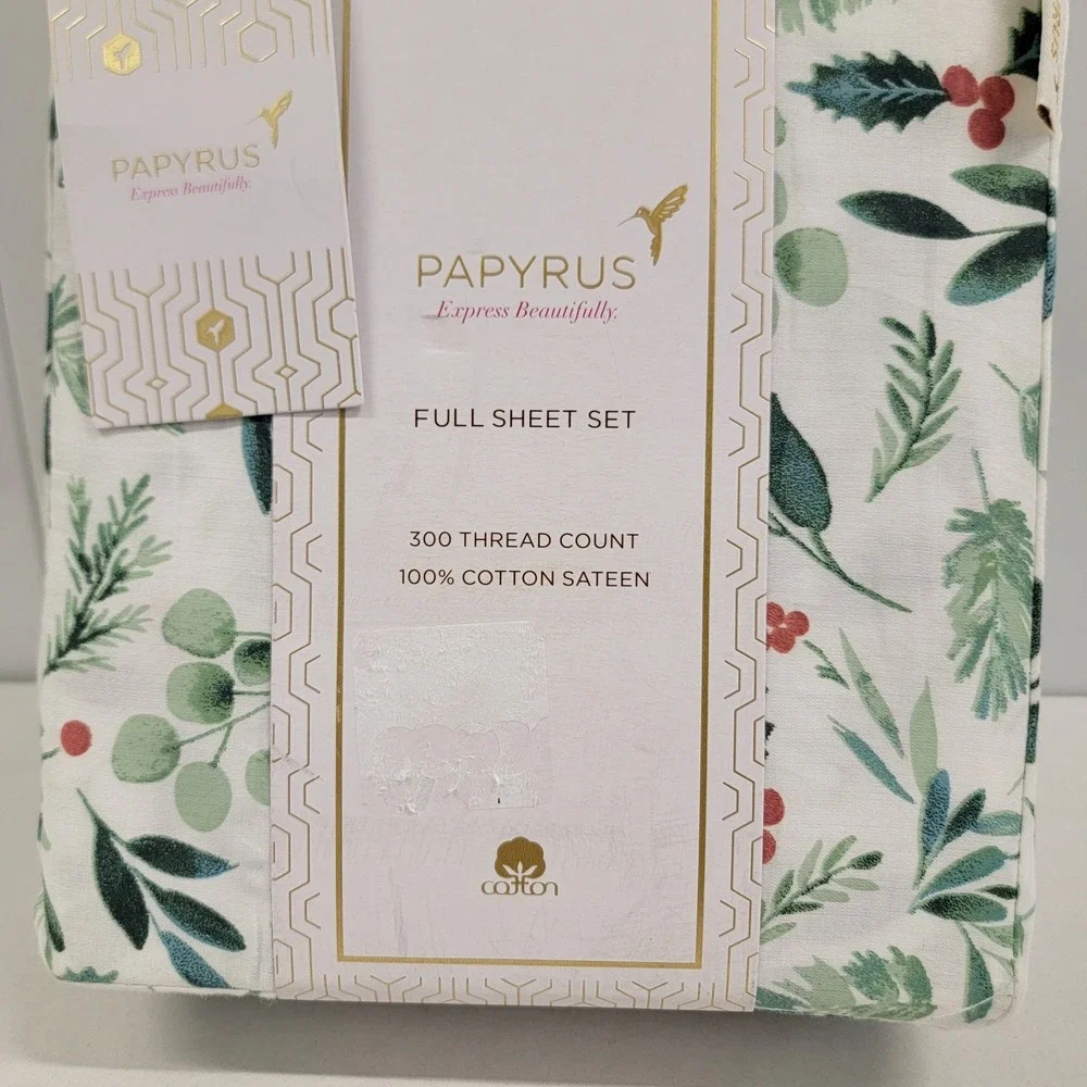 PAPYRUS Christmas Holly Berry FULL Sheet Set 100% Cotton Sateen 300 Thread Count